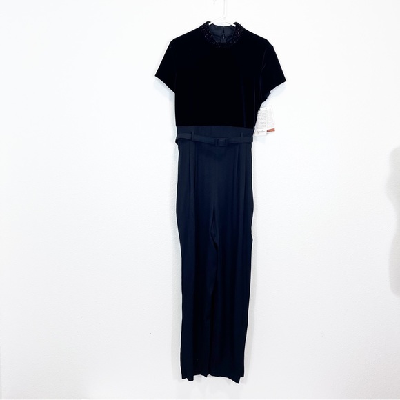 Jumpsuit Black Faux Velvet Top Beaded Belted VTG New JR Nites - Picture 2 of 8